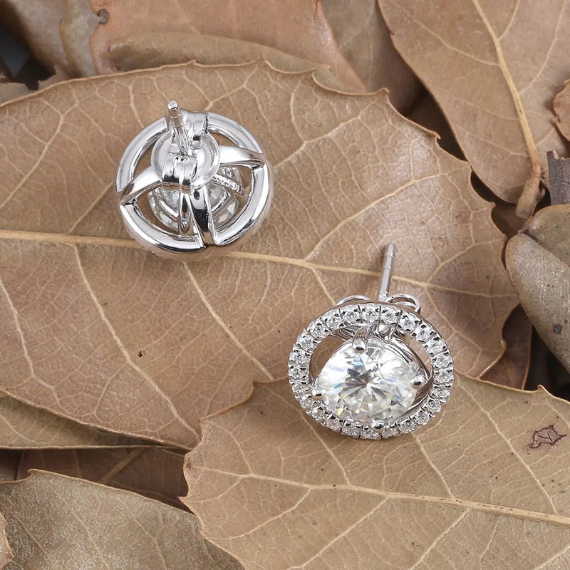 10k White Gold & Silver Moissanite Halo Stud Earrings 2.24ctw Moissanite Engagement Rings & Jewelry | Luxus Moissanite