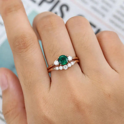 14K ROSE GOLD EMERALD THREE STONE MOISSANITE BRIDAL SET Moissanite Engagement Rings & Jewelry | Luxus Moissanite