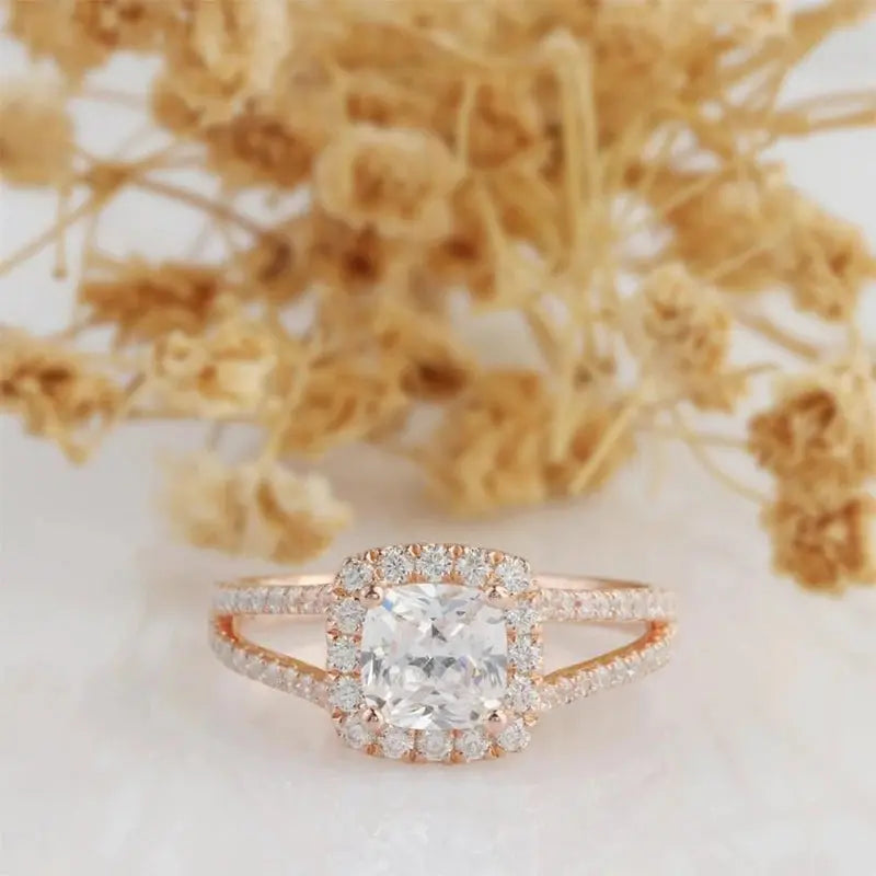 14K ROSE GOLD HALO MOISSANITE ENGAGEMENT RING 1CT Moissanite Engagement Rings & Jewelry | Luxus Moissanite Rose Gold Halo Moissanite Engagement Ring