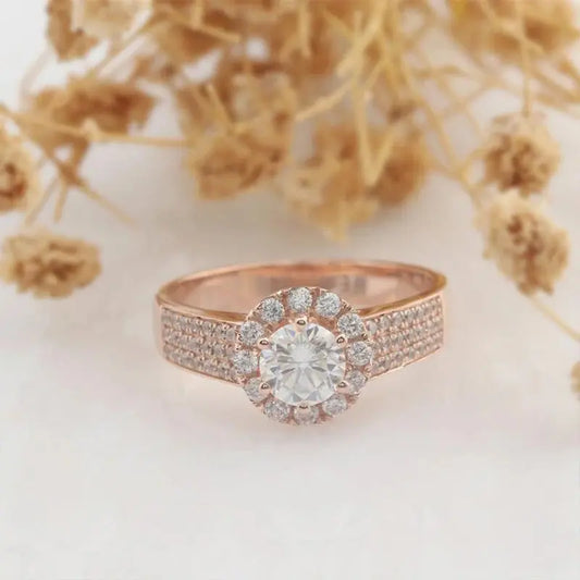 14K ROSE GOLD HALO MOSSANITE ENGAGEMENT RING .5CT Moissanite Engagement Rings & Jewelry | Luxus Moissanite |  Rose Gold Halo Engagement Rings