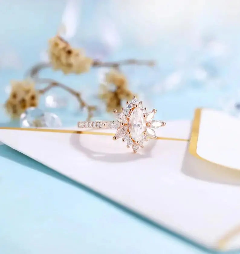 14K ROSE GOLD MARQUISE CUT MOISSANITE HALO ENGAGEMENT RING .5CT Moissanite Engagement Rings & Jewelry | Luxus Moissanite Best Marquise Cut Halo Engagement Ring!