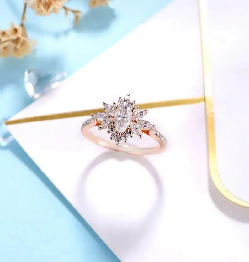 14K ROSE GOLD MARQUISE CUT MOISSANITE HALO ENGAGEMENT RING .5CT Moissanite Engagement Rings & Jewelry | Luxus Moissanite Best Marquise Cut Halo Engagement Ring!