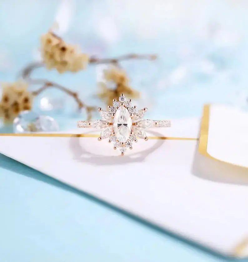 14K ROSE GOLD MARQUISE CUT MOISSANITE HALO ENGAGEMENT RING .5CT Moissanite Engagement Rings & Jewelry | Luxus Moissanite Best Marquise Cut Halo Engagement Ring!