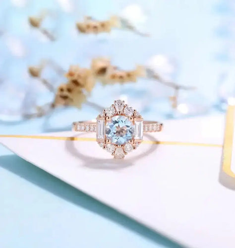 14K ROSE GOLD MOISSANITE ACCENTS BIRTHSTONE AQUAMARINE ENGAGEMENT RING Moissanite Engagement Rings & Jewelry | Luxus Moissanite