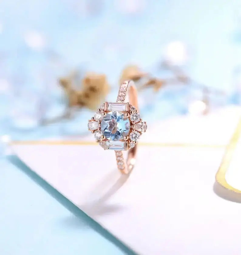 14K ROSE GOLD MOISSANITE ACCENTS BIRTHSTONE AQUAMARINE ENGAGEMENT RING Moissanite Engagement Rings & Jewelry | Luxus Moissanite