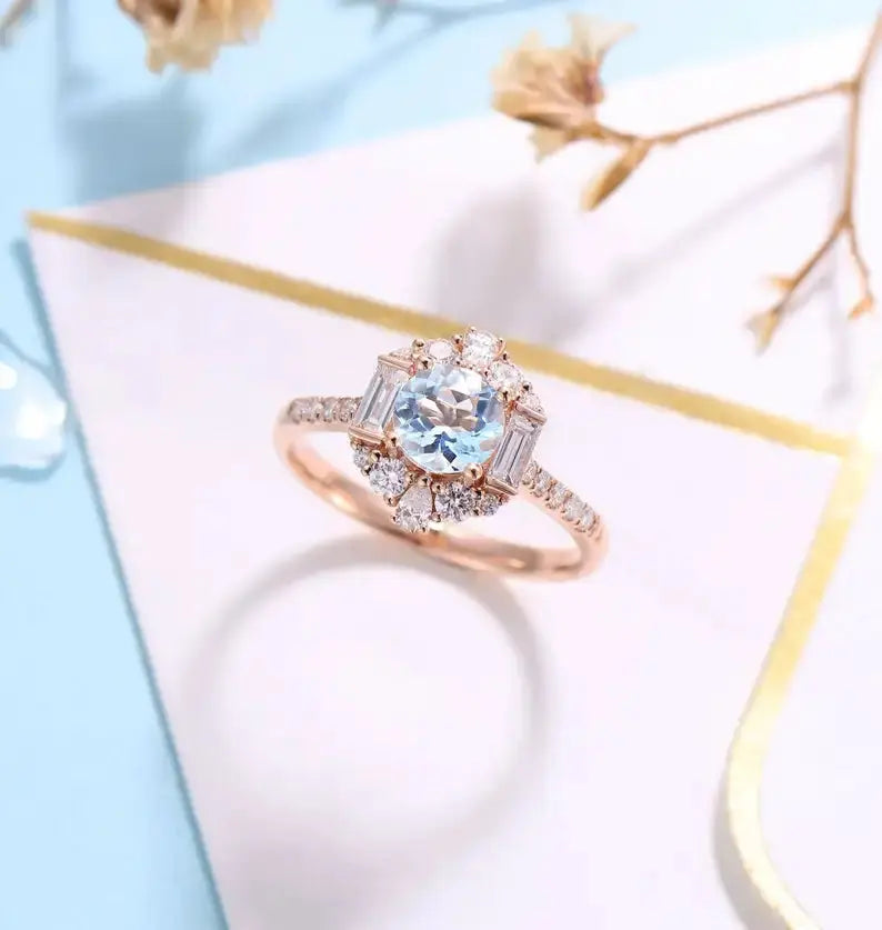 14K ROSE GOLD MOISSANITE ACCENTS BIRTHSTONE AQUAMARINE ENGAGEMENT RING Moissanite Engagement Rings & Jewelry | Luxus Moissanite