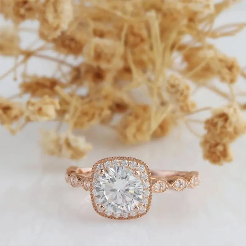 14K ROSE GOLD MOISSANITE HALO ENGAGEMENT RING 1.2CT Moissanite Engagement Rings & Jewelry | Luxus Moissanite