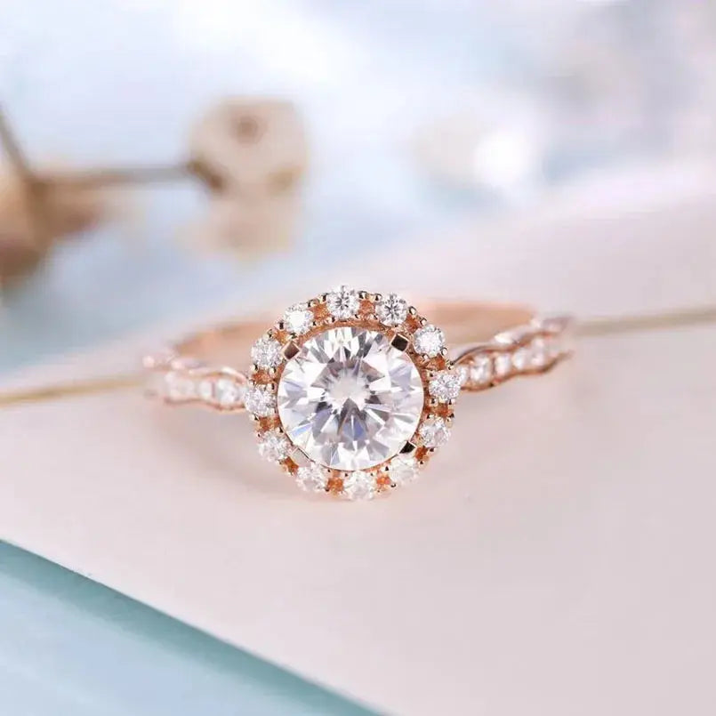 14K ROSE GOLD MOISSANITE HALO ENGAGEMENT RING 1CT Moissanite Engagement Rings & Jewelry | Luxus Moissanite | Rose Gold Halo Ring