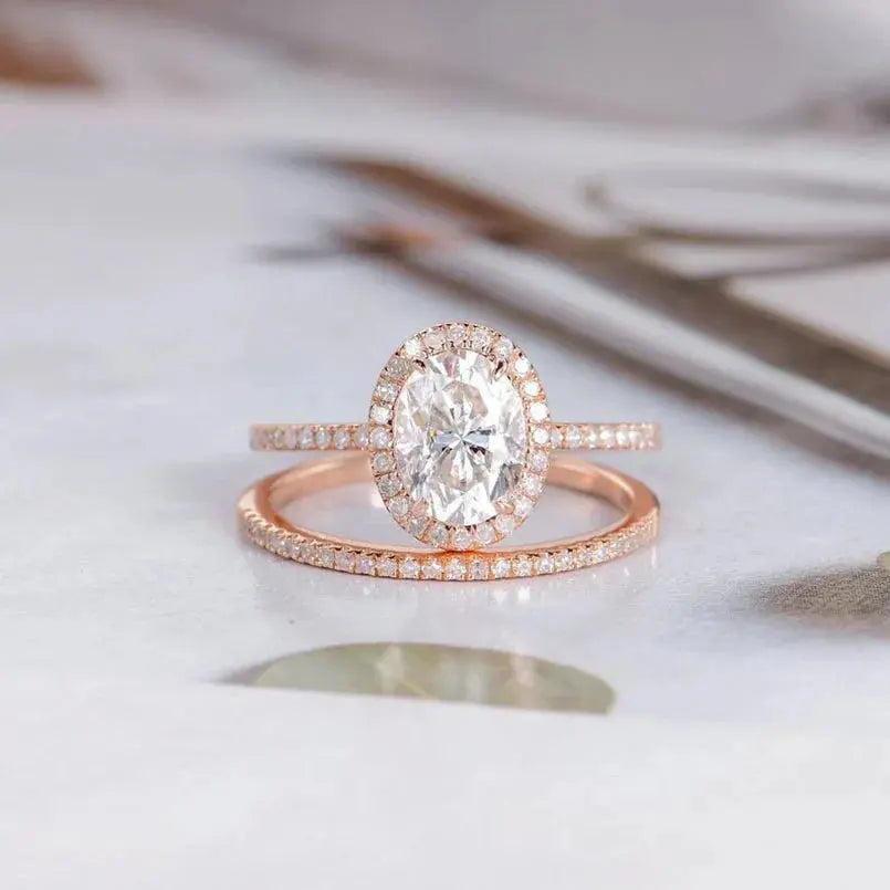 14K ROSE GOLD MOISSANITE OVAL CUT HALO 1.5CT Moissanite Engagement Rings & Jewelry | Luxus Moissanite