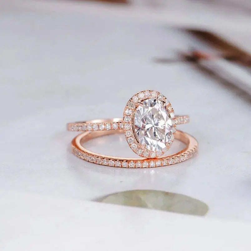 14K ROSE GOLD MOISSANITE OVAL CUT HALO 1.5CT Moissanite Engagement Rings & Jewelry | Luxus Moissanite