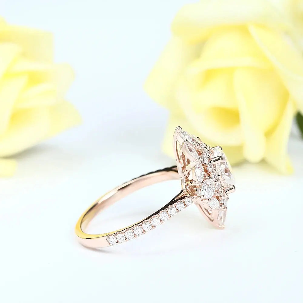 14K ROSE GOLD OVAL CUT DOUBLE HALO MOISSANITE ENGAGEMENT RING 1.25CT Moissanite Engagement Rings & Jewelry | Luxus Moissanite