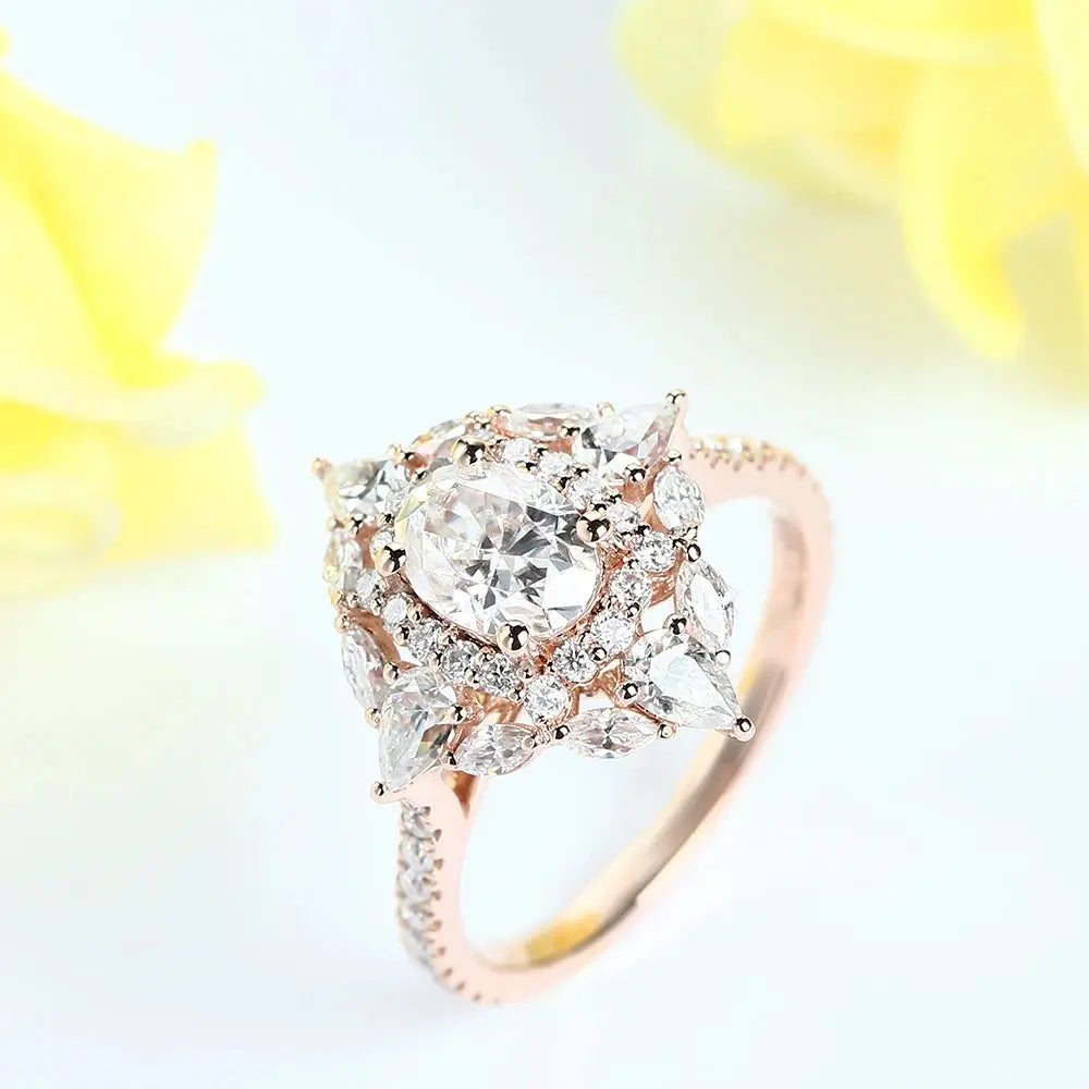 14K ROSE GOLD OVAL CUT DOUBLE HALO MOISSANITE ENGAGEMENT RING 1.25CT Moissanite Engagement Rings & Jewelry | Luxus Moissanite