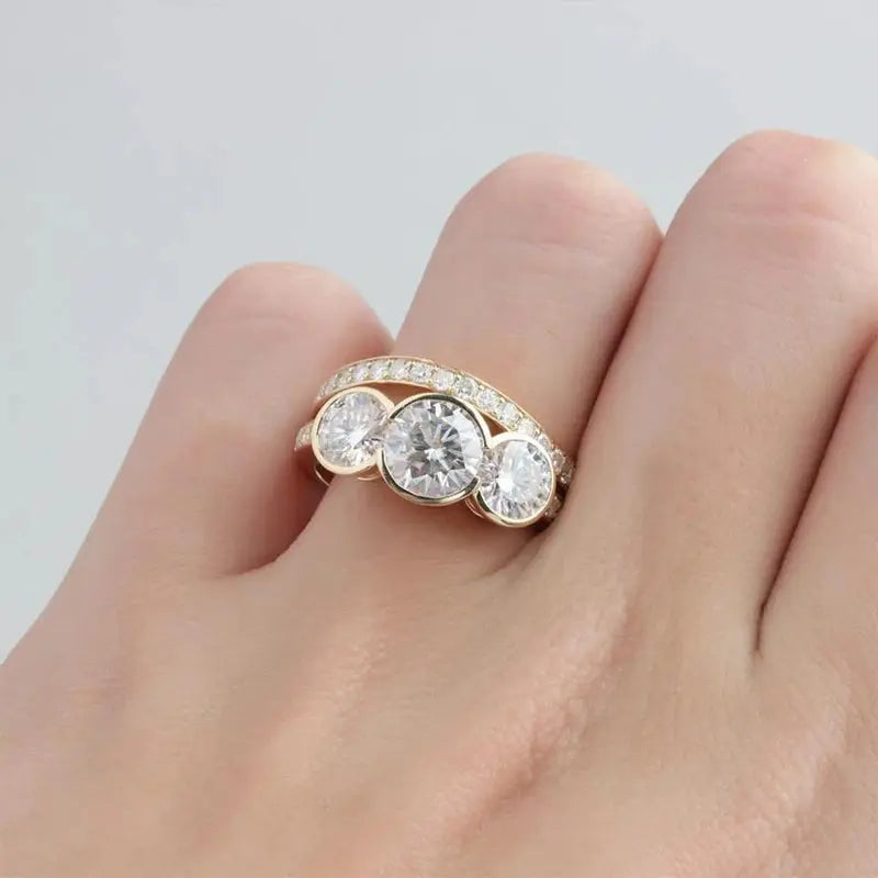 14K ROSE GOLD THREE STONE MOISSANITE ENGAGEMENT BRIDAL SET 3.1 CTW Moissanite Engagement Rings & Jewelry | Luxus Moissanite