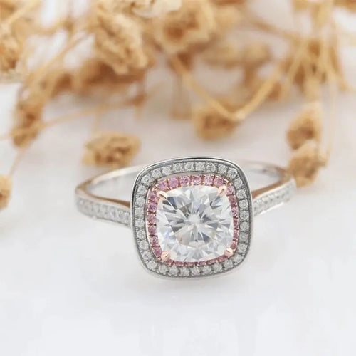 14K TWO TONE DOUBLE HALO ENGAGEMENT RING 2CT Moissanite Engagement Rings & Jewelry | Luxus Moissanite