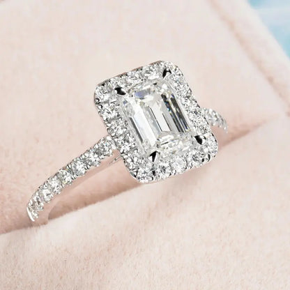 14K WHITE GOLD EMERALD CUT MOISSANITE HALO ENGAGEMENT RING 1CT Moissanite Engagement Rings & Jewelry | Luxus Moissanite Emerald Cut Engagement Ring With Halo