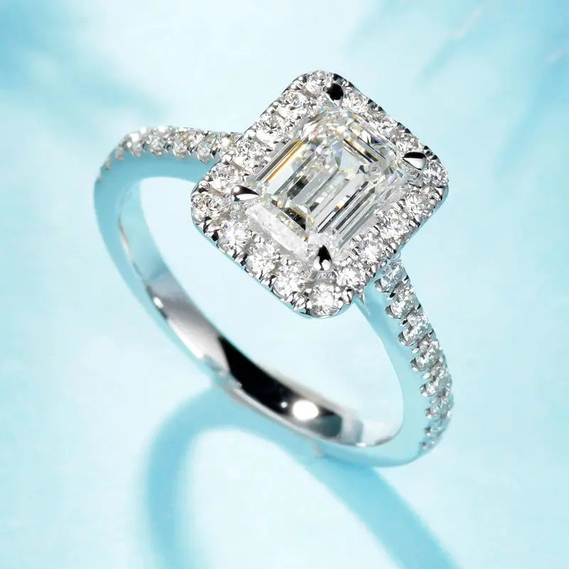 14K WHITE GOLD EMERALD CUT MOISSANITE HALO ENGAGEMENT RING 1CT Moissanite Engagement Rings & Jewelry | Luxus Moissanite Emerald Cut Engagement Ring With Halo