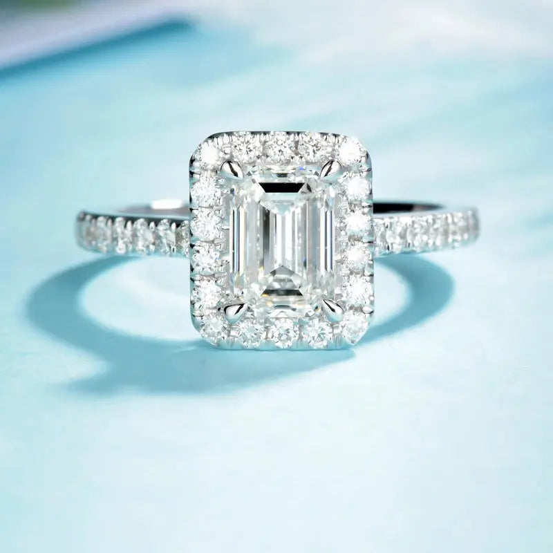 14K WHITE GOLD EMERALD CUT MOISSANITE HALO ENGAGEMENT RING 1CT Moissanite Engagement Rings & Jewelry | Luxus Moissanite Emerald Cut Engagement Ring With Halo