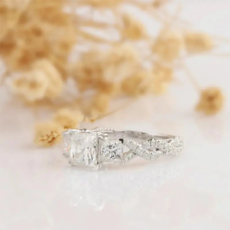 14K WHITE GOLD PRINCESS CUT 3 STONE MOISSANITE TWIST BAND ENGAGEMENT RING 2.1CTW Moissanite Engagement Rings & Jewelry | Luxus Moissanite