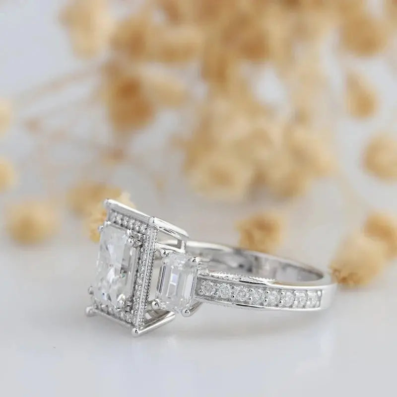 14K WHITE GOLD RADIANT CUT CENTER STONE 2CT, EMERALD CUT .5CT MOISSANITE ENGAGEMENT RING Moissanite Engagement Rings & Jewelry | Luxus Moissanite