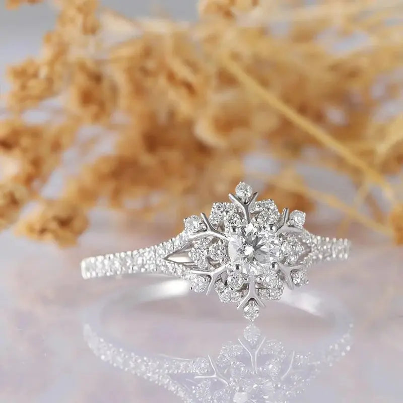 14K WHITE GOLD SNOW FLAKE MOISSANITE ENGAGEMENT RING Moissanite Engagement Rings & Jewelry | Luxus Moissanite | Engagement Ring Snowflake