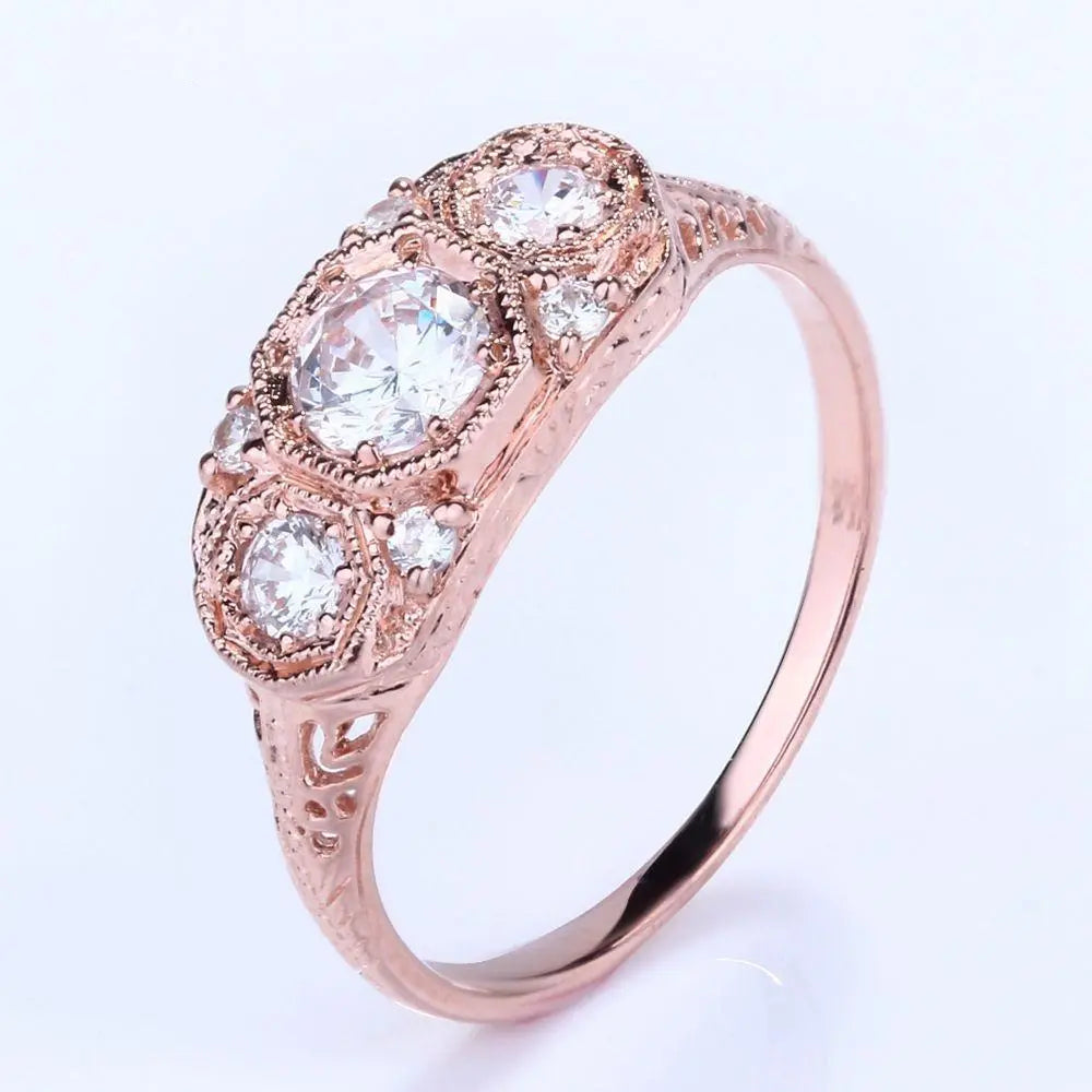 14k Rose Gold 3 Stone Moissanite Ring 0.7ct Total Moissanite Engagement Rings & Jewelry | Luxus Moissanite | Best Wedding Ring Jewelers