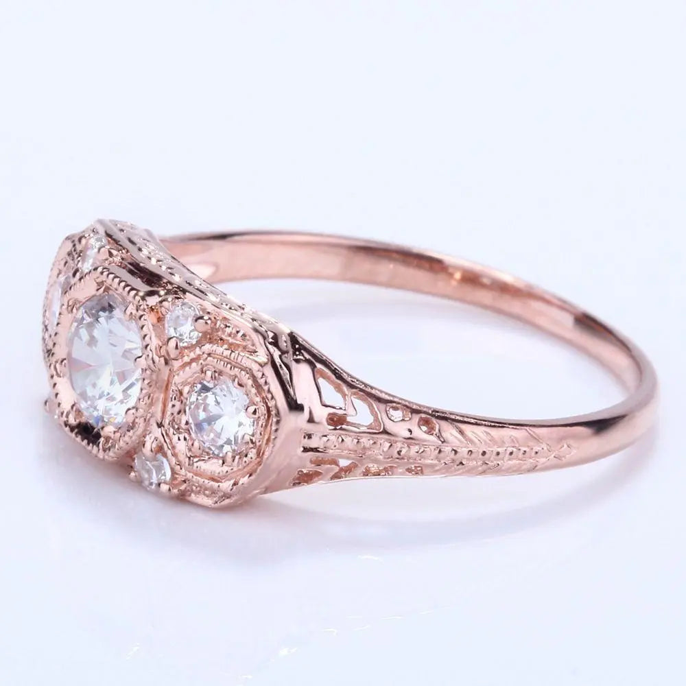 14k Rose Gold 3 Stone Moissanite Ring 0.7ct Total Moissanite Engagement Rings & Jewelry | Luxus Moissanite