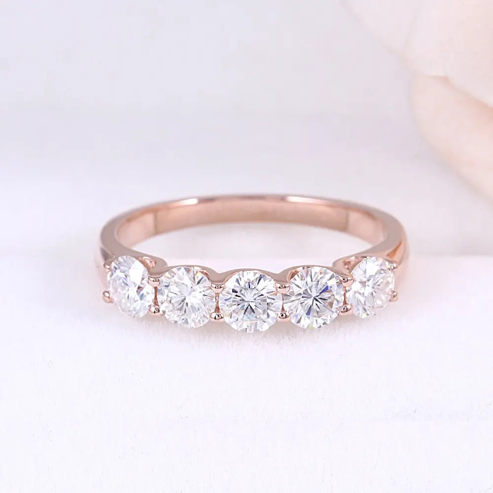 14k Rose Gold 5 Stone Moissanite Anniversary Ring 1.25ct Total Moissanite Engagement Rings & Jewelry | Luxus Moissanite | The Anniversary Band