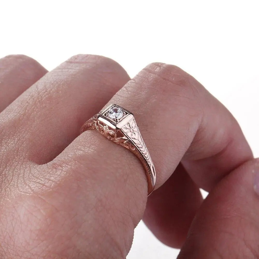 14k Rose Gold Vintage / Unique Moissanite Ring 0.1ct Moissanite Engagement Rings & Jewelry | Luxus Moissanite | Vintage Wedding Ring