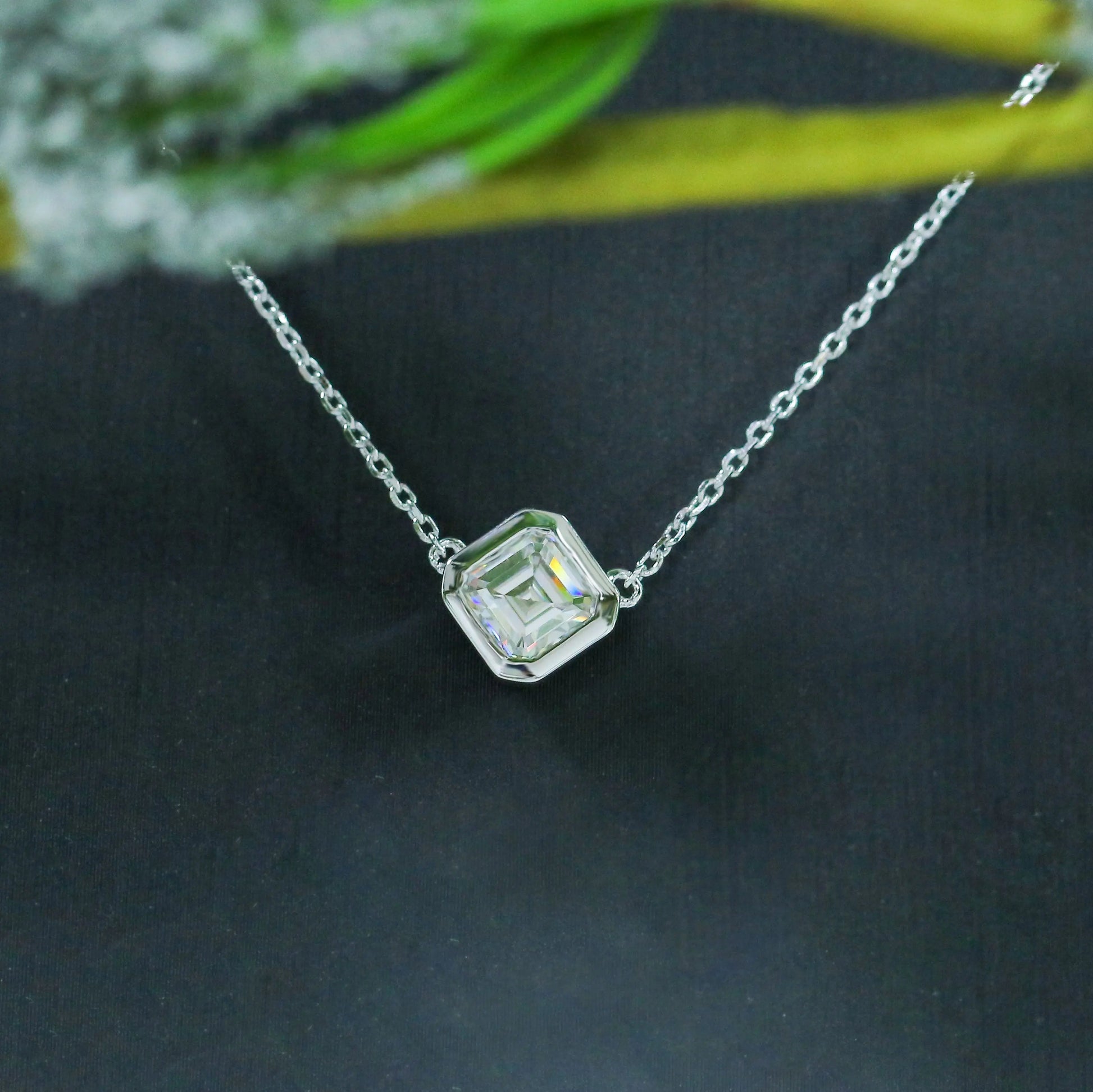 14k White Gold Asscher Cut Moissanite Necklace 1ct Moissanite Engagement Rings & Jewelry | Luxus Moissanite | Asscher Necklace