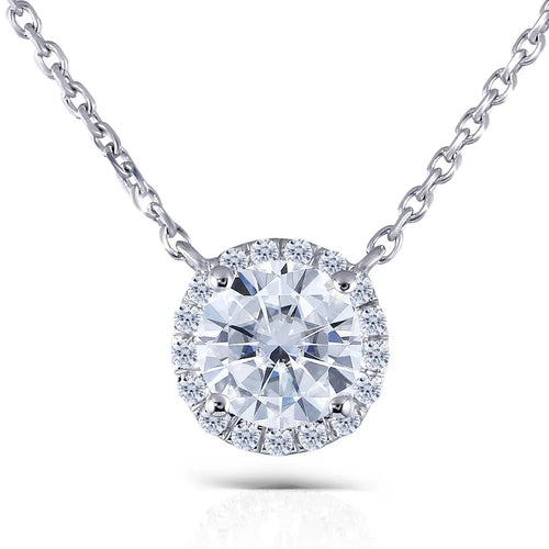 14k White Gold Halo Moissanite Necklace 1ct Moissanite Engagement Rings & Jewelry | Luxus Moissanite | Moissanite Diamond Necklace