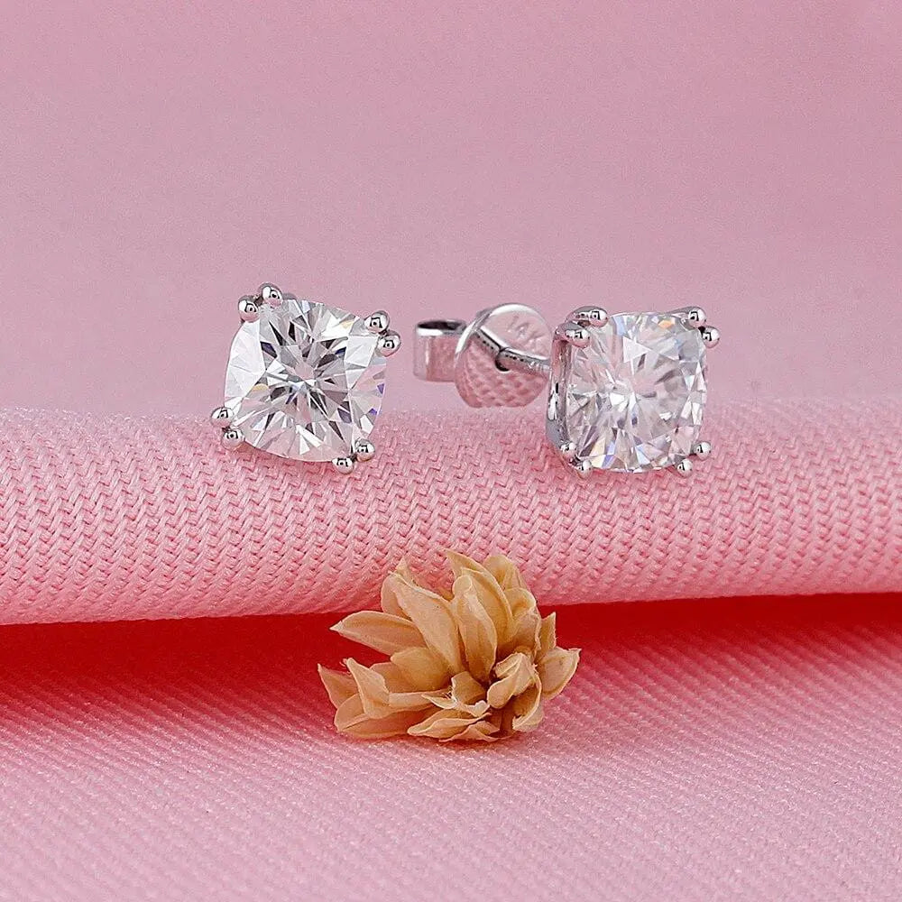 14k White Gold Moissanite Cushion Cut Stud Earrings 2.2ctw Moissanite Engagement Rings & Jewelry | Luxus Moissanite | Cushion Cut Earrings