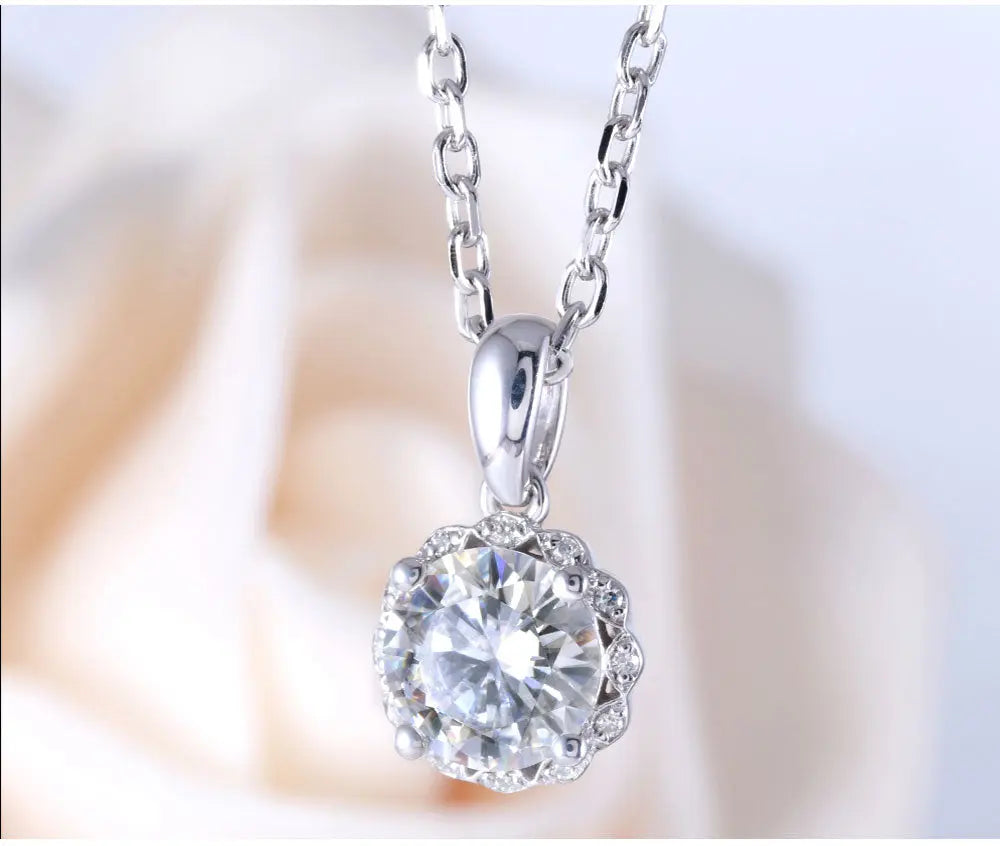 14k White Gold Moissanite Necklace / Pendant 1ct Center Stone Moissanite Engagement Rings & Jewelry | Fashion Necklace Long | Luxus Moissanite