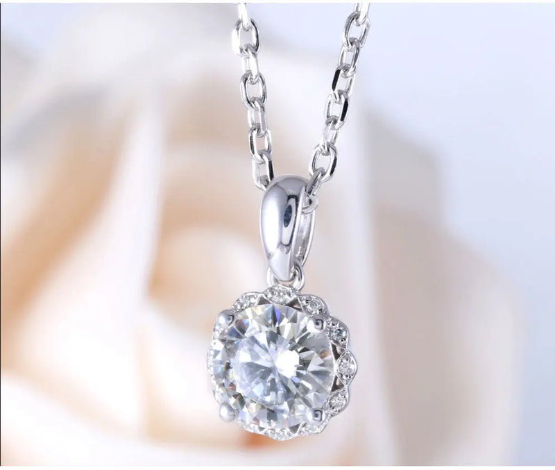 14k White Gold Moissanite Necklace / Pendant 1ct Center Stone Moissanite Engagement Rings & Jewelry | Fashion Necklace Long | Luxus Moissanite