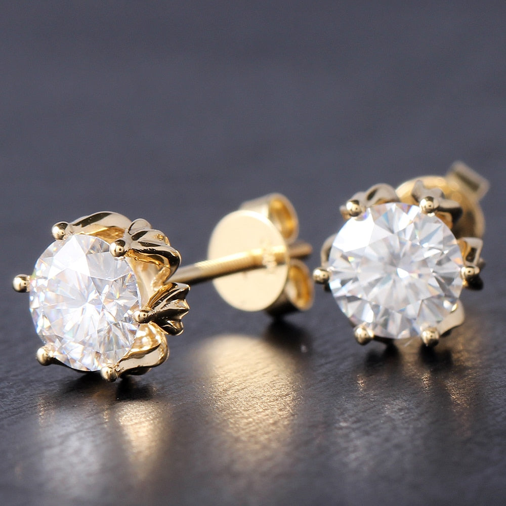 14k Yellow Gold Flower Moissanite Stud Earrings 2ctw Moissanite Engagement Rings & Jewelry | Luxus Moissanite