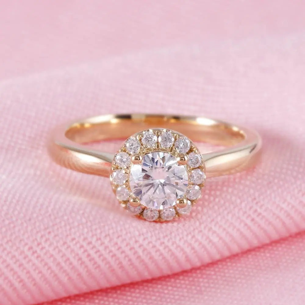 14k Yellow Gold Halo Moissanite Ring 0.5ct Center Stone Moissanite Engagement Rings & Jewelry | Luxus Moissanite | Best Unique Engagement Ring Stores