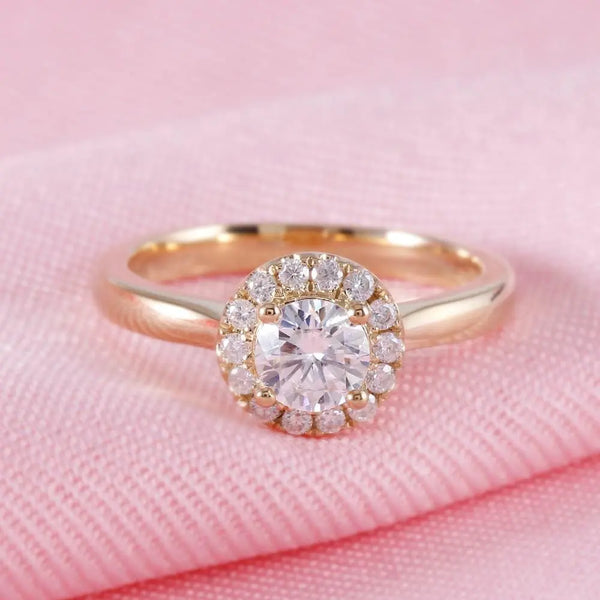 14k Yellow Gold Halo Moissanite Ring 0.5ct Center Stone Moissanite Engagement Rings & Jewelry | Luxus Moissanite