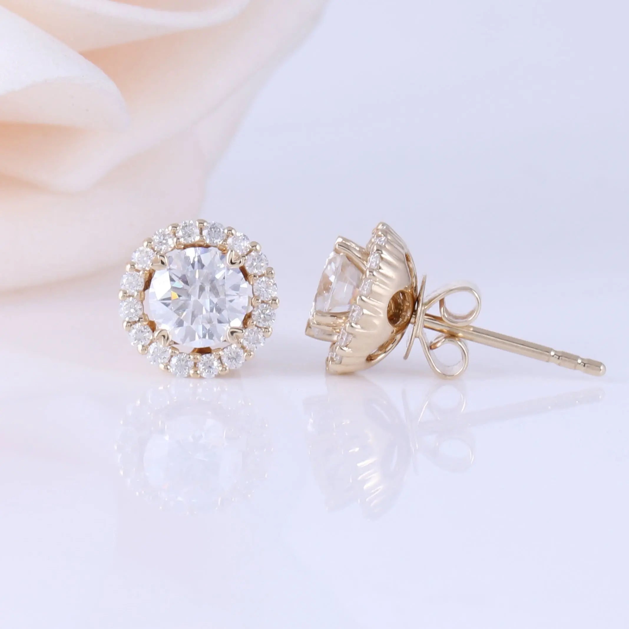 14k Yellow Gold Halo Moissanite Stud Earrings 1.28ctw – Luxus Moissanite