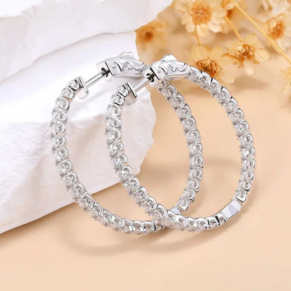 18k WHITE GOLD PLATED SILVER 2MM MOISSANITE HOOP EARRINGS 30MM DIAMETER 1.75 CTW Moissanite Engagement Rings & Jewelry | Luxus Moissanite