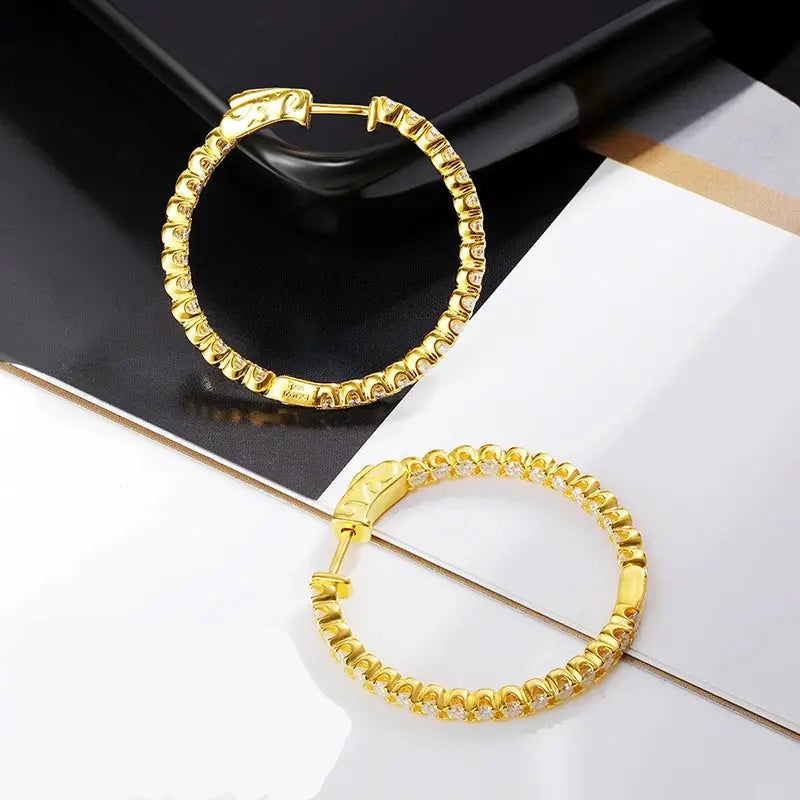 18k WHITE GOLD PLATED SILVER 2MM MOISSANITE HOOP EARRINGS 30MM DIAMETER 1.75 CTW Moissanite Engagement Rings & Jewelry | Luxus Moissanite