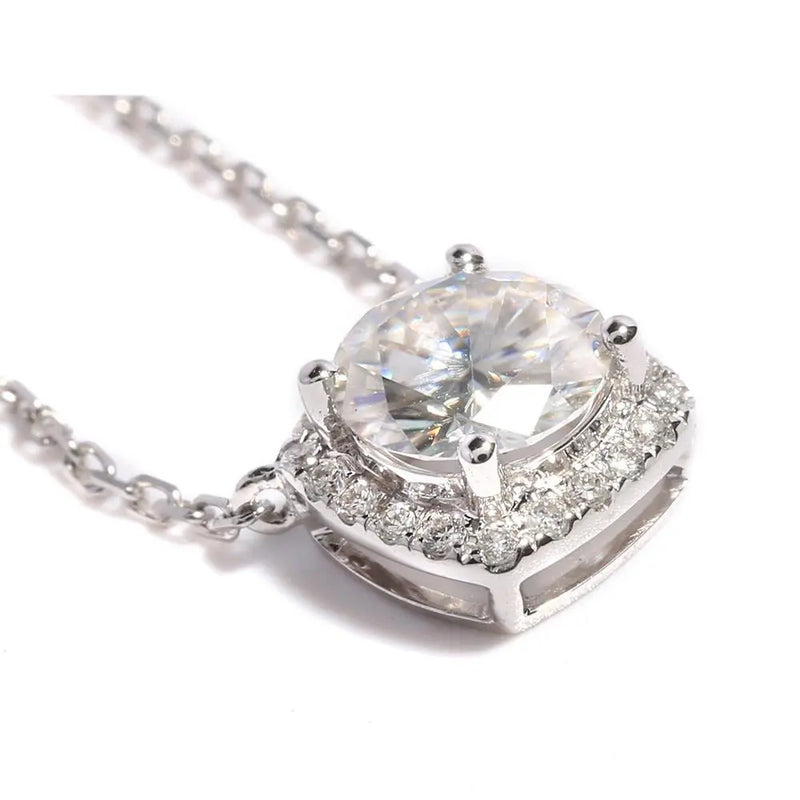18k White Gold Moissanite Halo Necklace 1ct Center Stone Moissanite Engagement Rings & Jewelry | Luxus Moissanite