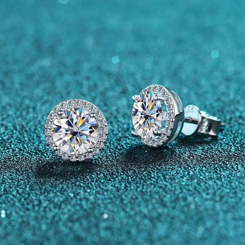 18k White Gold Plated Silver Halo Moissanite Stud Earrings 2CTW Moissanite Engagement Rings & Jewelry | Luxus Moissanite