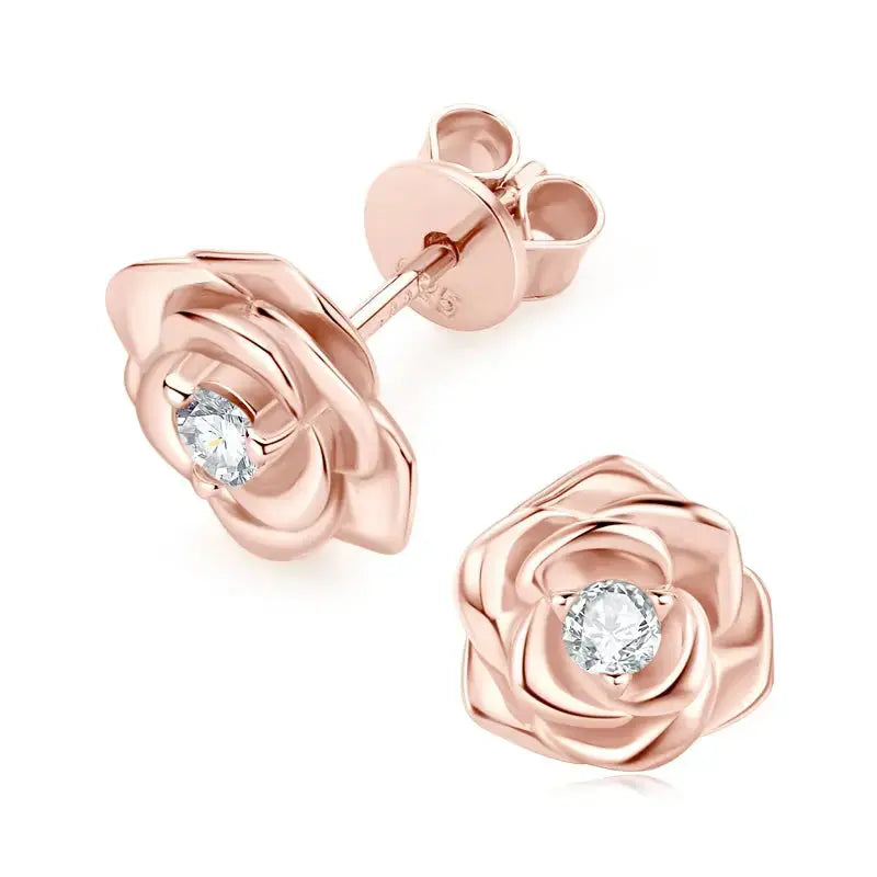 14k Rose Gold Plated Silver Flower w/ Earrings Moissanite 0.2 ctw Moissanite Engagement Rings & Jewelry | Luxus Moissanite | 14k Rose Gold Stud Earrings