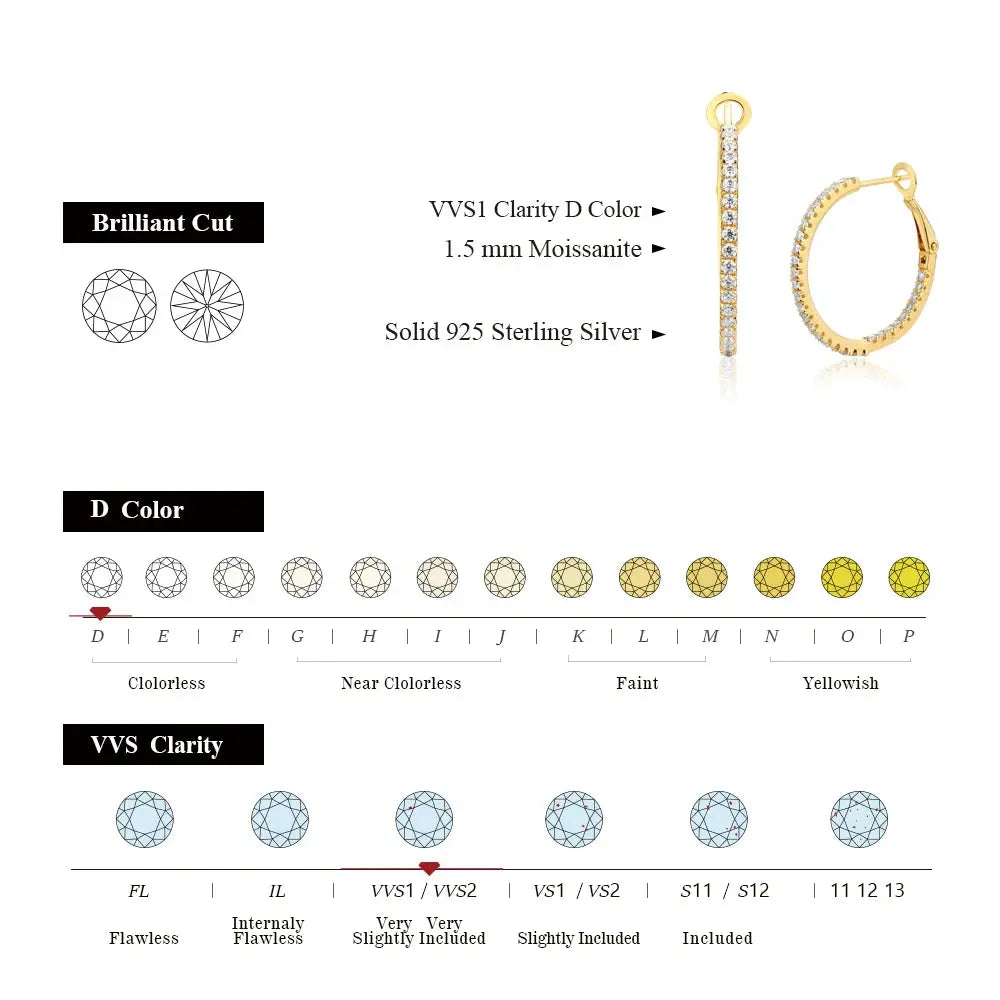 GOLD PLATED SILVER 1.5MM MOISSANITE HOOP EARRINGS 15MM & 25MM DIAMETERS Moissanite Engagement Rings & Jewelry | Luxus Moissanite |  best hoop earrings