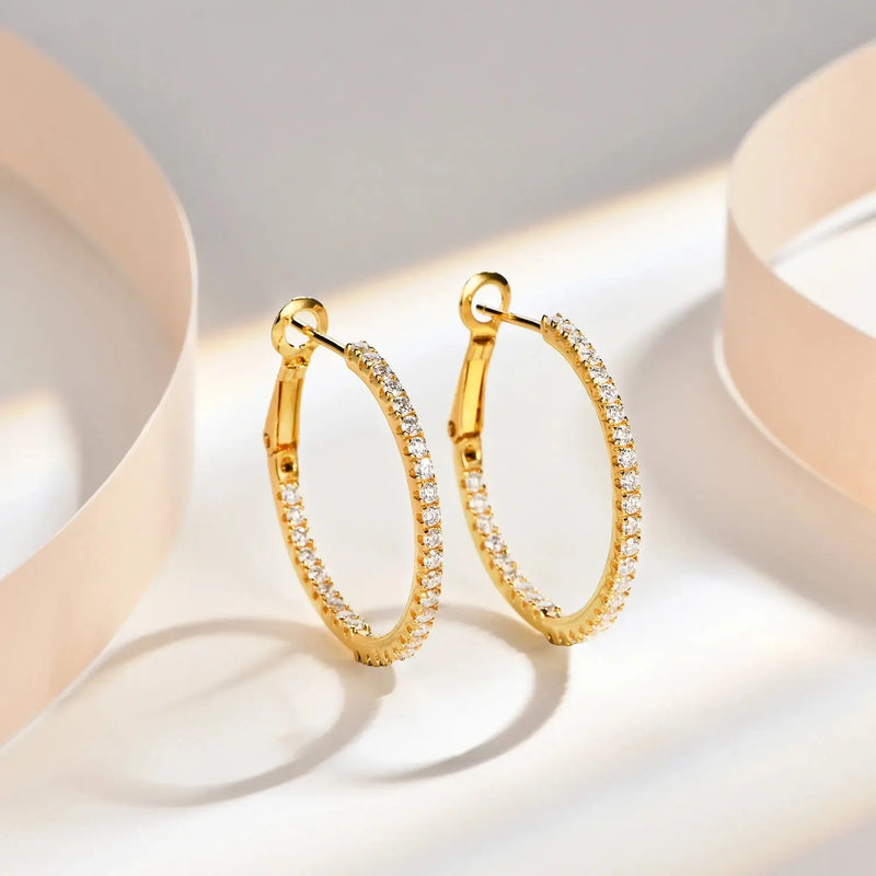 GOLD PLATED SILVER 1.5MM MOISSANITE HOOP EARRINGS 15MM & 25MM DIAMETERS Moissanite Engagement Rings & Jewelry | Luxus Moissanite
