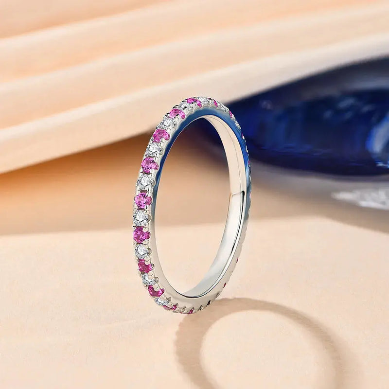 Gold or Silver 1.5mm Moissanite Eternity Ring with Pink Sapphire Colors .5ctw Moissanite Engagement Rings & Jewelry | Luxus Moissanite