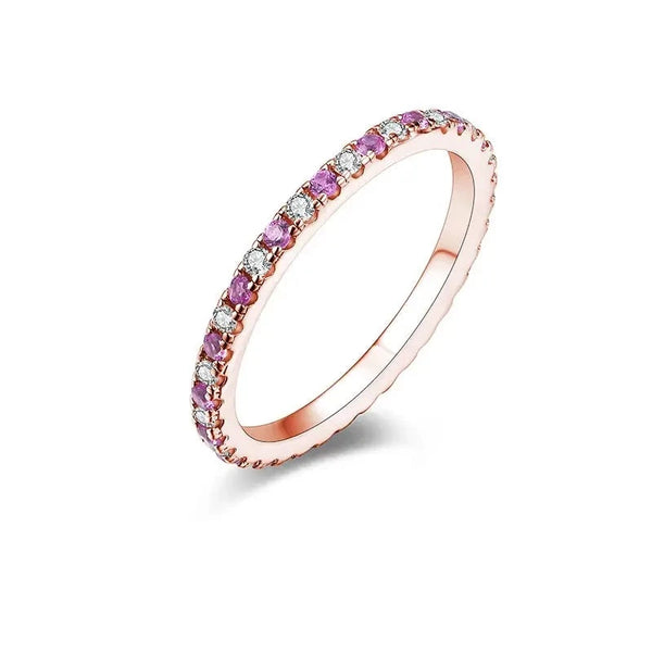 Gold or Silver 1.5mm Moissanite Eternity Ring with Pink Sapphire Colors .5ctw Moissanite Engagement Rings & Jewelry | Luxus Moissanite