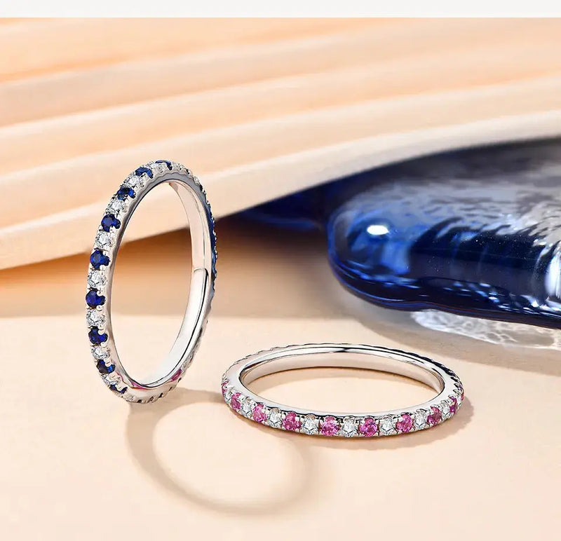 Gold or Silver 1.5mm Moissanite Eternity Ring with Pink and Blue Sapphire Colors .5ctw Moissanite Engagement Rings & Jewelry | Luxus Moissanite
