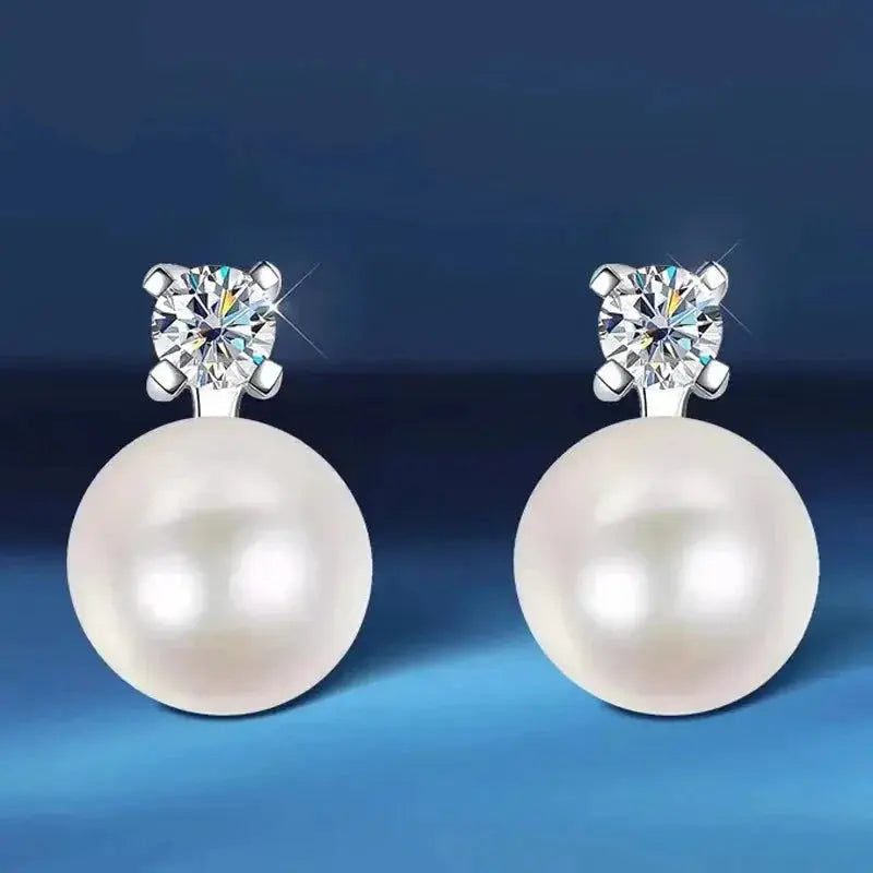 MOISSANITE STUD AND PEARL DROP EARRINGS 18K WHITE GOLD PLATED SILVER Moissanite Engagement Rings & Jewelry | Luxus Moissanite