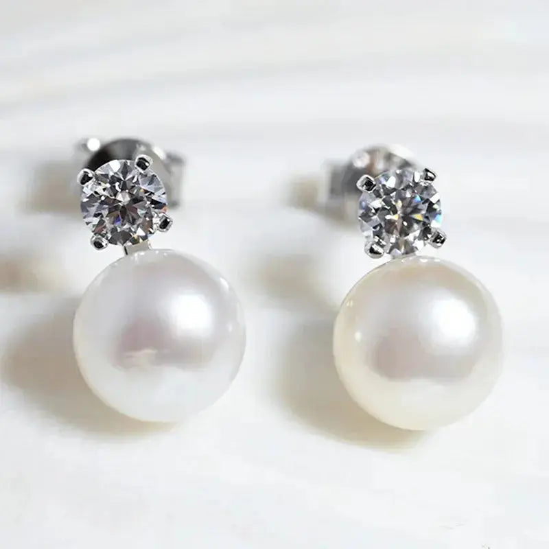 MOISSANITE STUD AND PEARL DROP EARRINGS 18K WHITE GOLD PLATED SILVER Moissanite Engagement Rings & Jewelry | Luxus Moissanite
