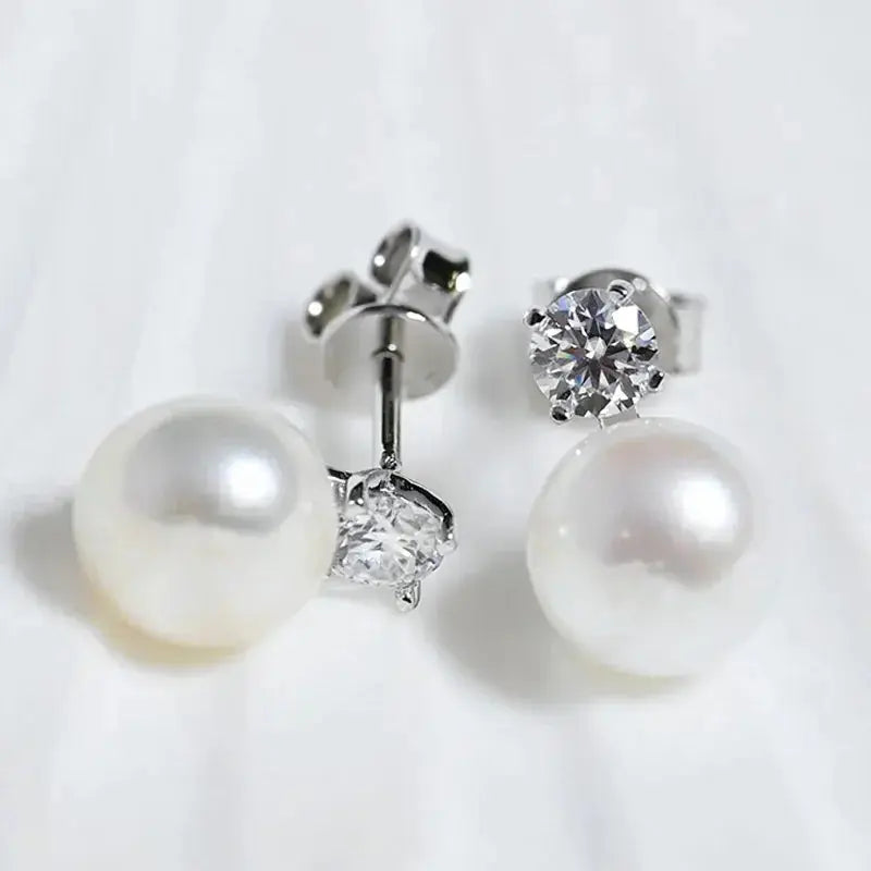 MOISSANITE STUD AND PEARL DROP EARRINGS 18K WHITE GOLD PLATED SILVER Moissanite Engagement Rings & Jewelry | Luxus Moissanite